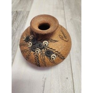 Vintage Signed Carma Sand Art Pottery Vase Stoneware Art 4"x4"